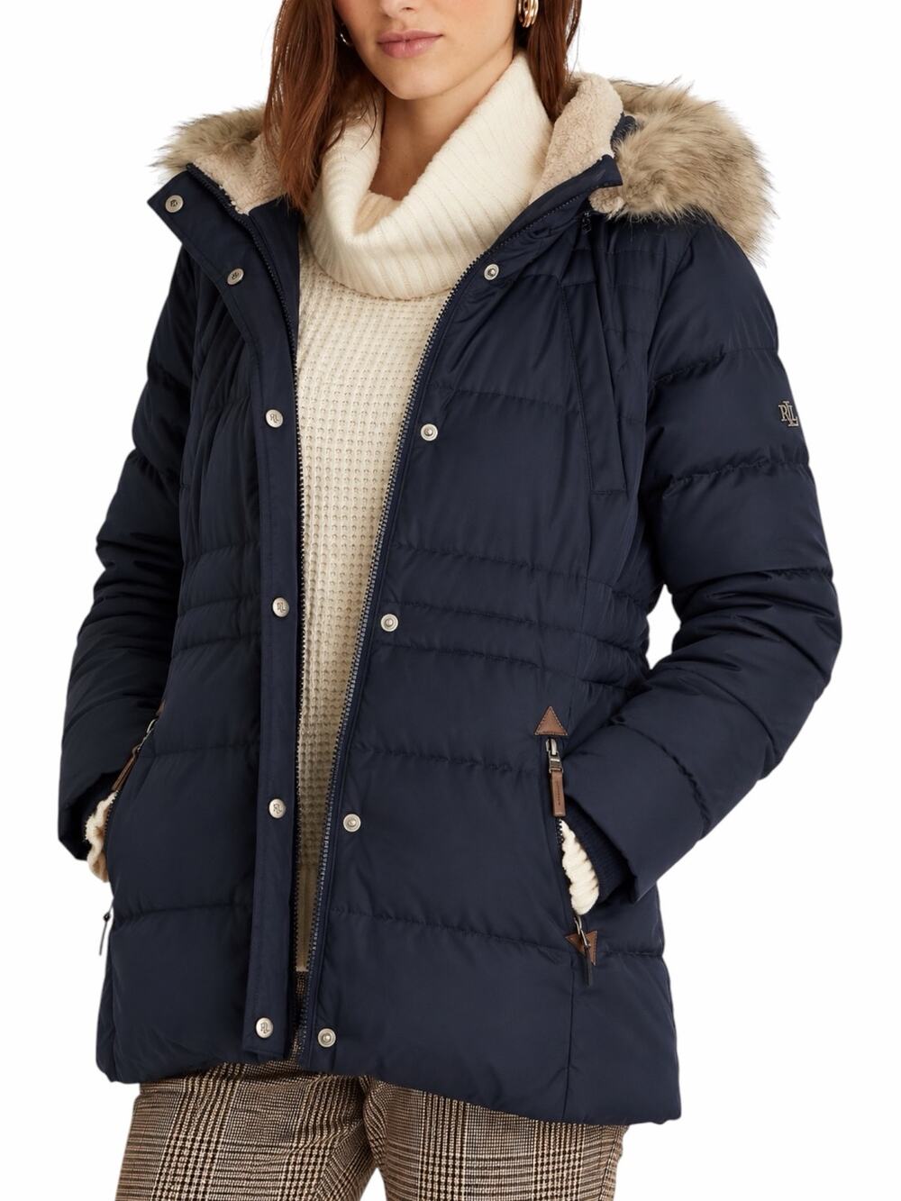 Lauren Ralph Lauren Faux Fur Trim Hooded Down Puffer Jacket Navy Size XXL